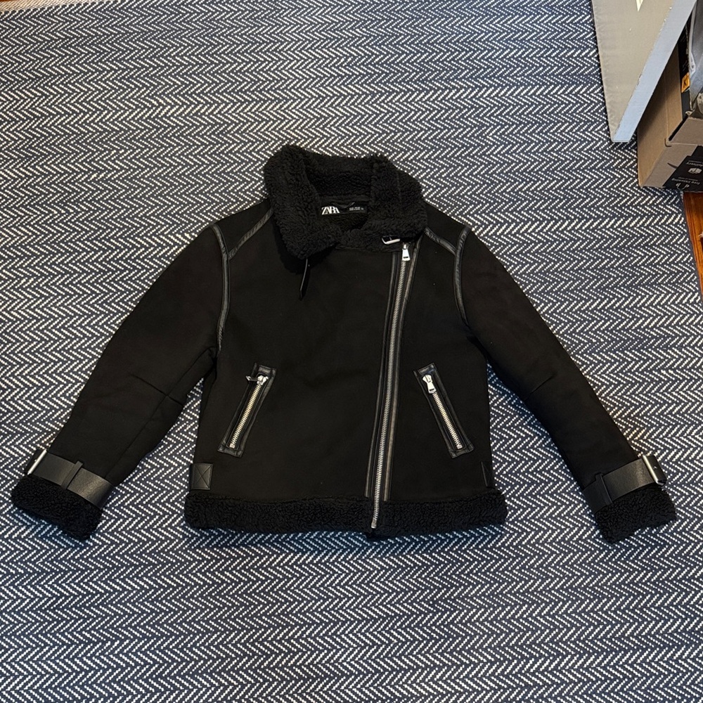 Zara Black fuzzy Jacket with Leather Accents
